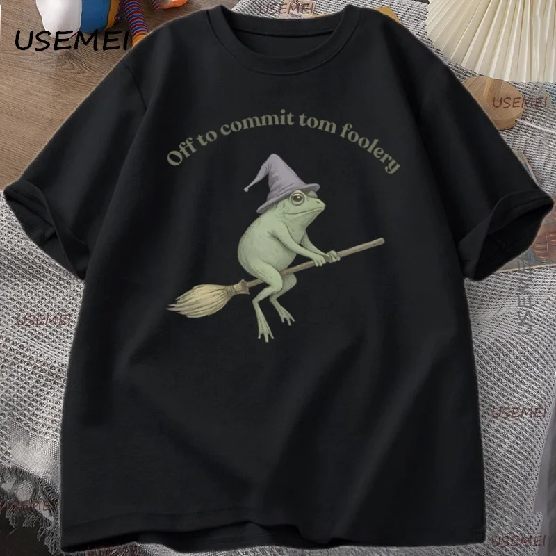 Witch Frog T-Shirt Men Women Funny Halloween Cottagecore Toad Tshirt Casual Round Neck Short Sleeve Man Clothes Streetwear