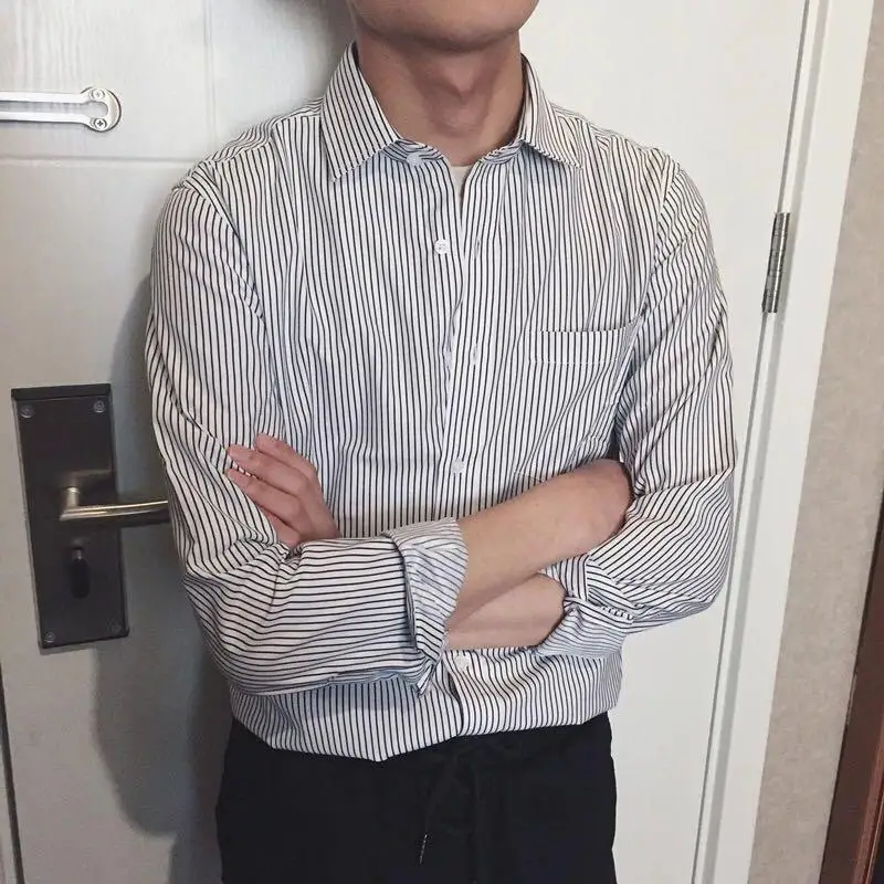 

New Korean-style Slim-fit Striped Long-sleeve Shirt for Men Casual Retro Square Collar Loose Large Size Men's Shirt Trend
