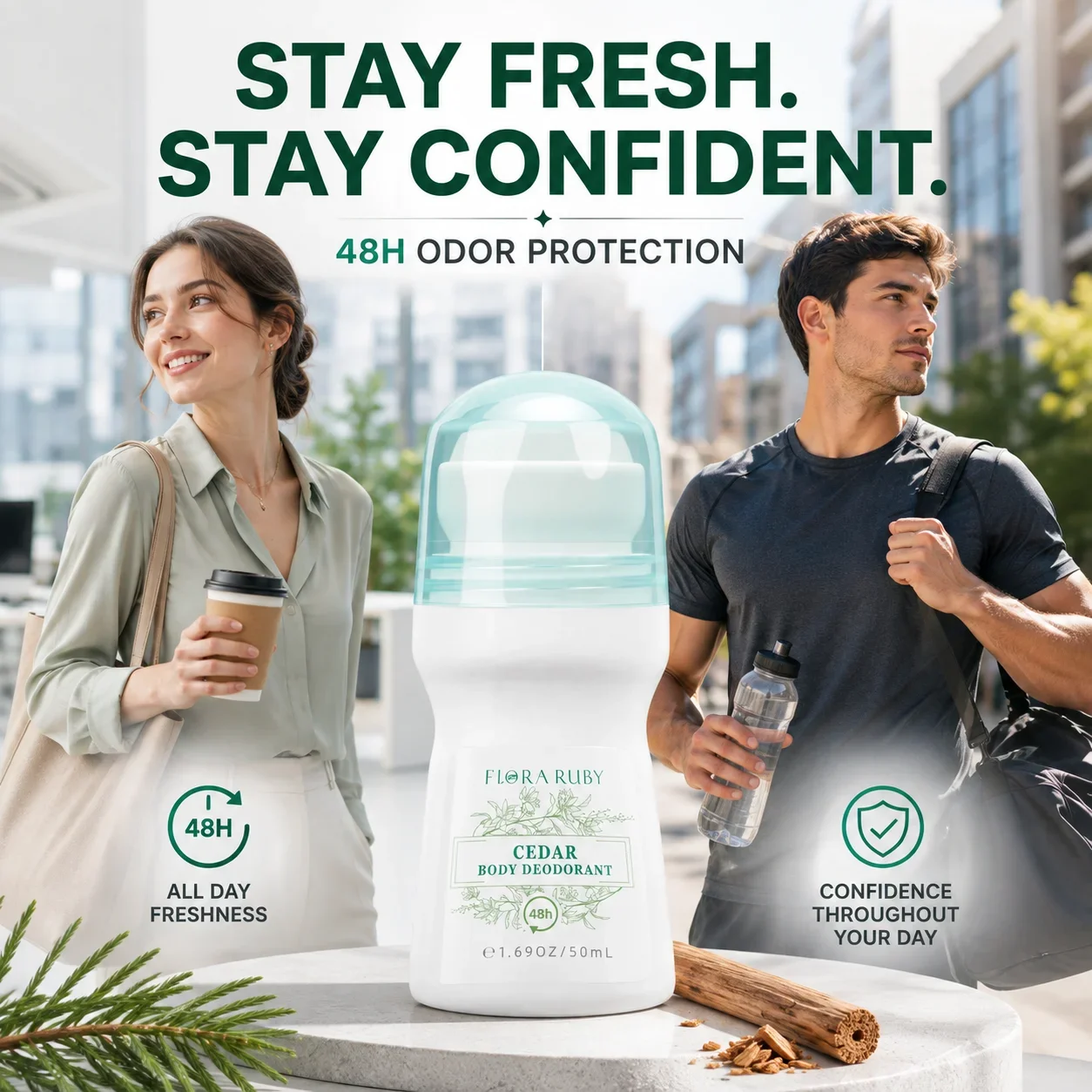 FLORA RUBY Fragrance Deodorant Roll On for Women Men 48H Odor Protection Aluminum Free Alcohol Free Underarm Freshness Portable