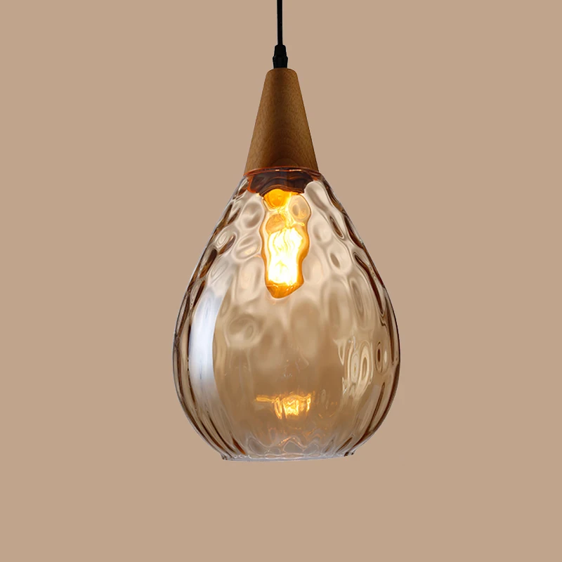 

Vintage LED pendant light amber Gray glass luminaire industrial light Water Drop LampShade Wood Pendant Lamp living room bedroom