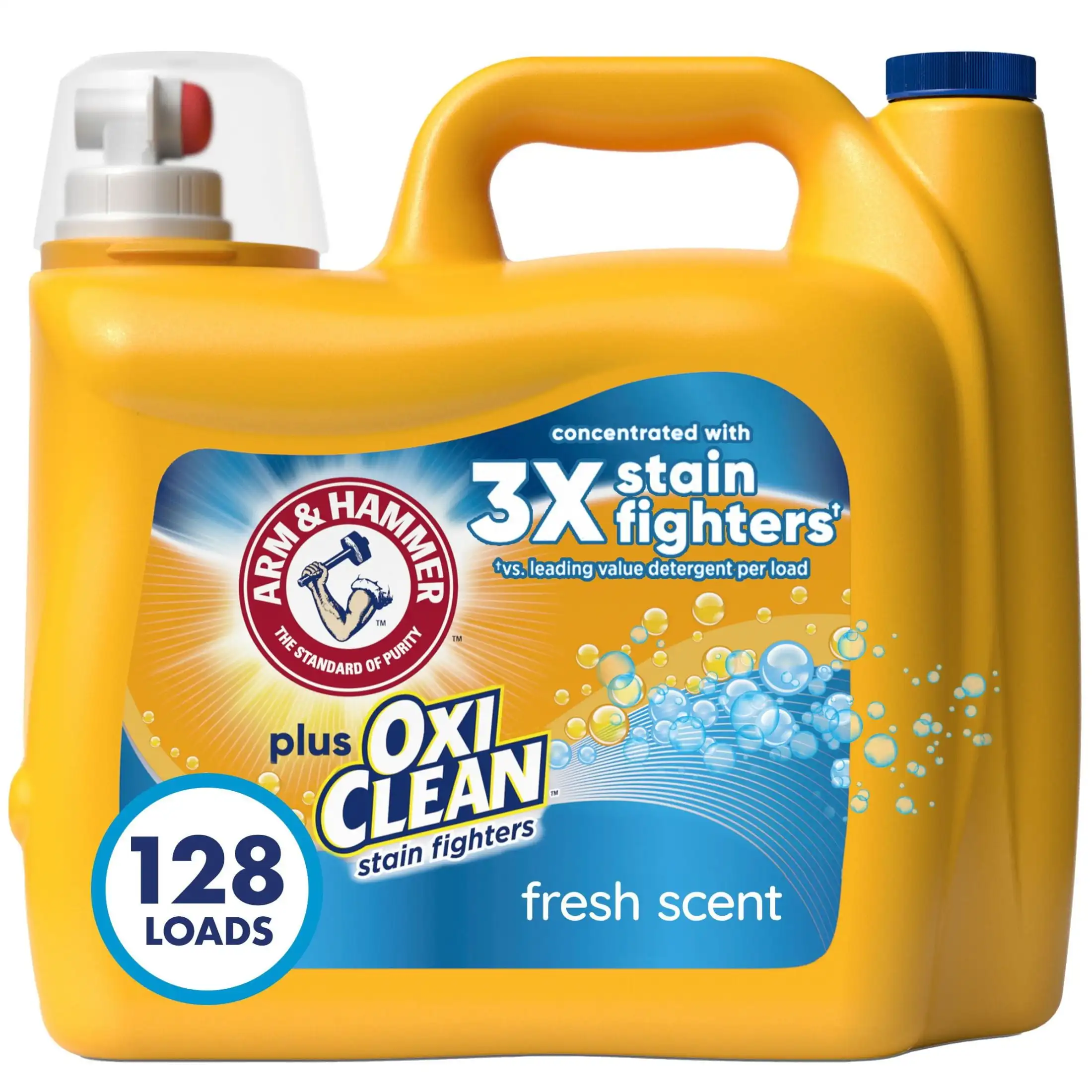 Detergente para ropa con aroma fresco con 128 lavaduras y una fórmula avanzada que elimina eficazmente las manchas y los olores duros.