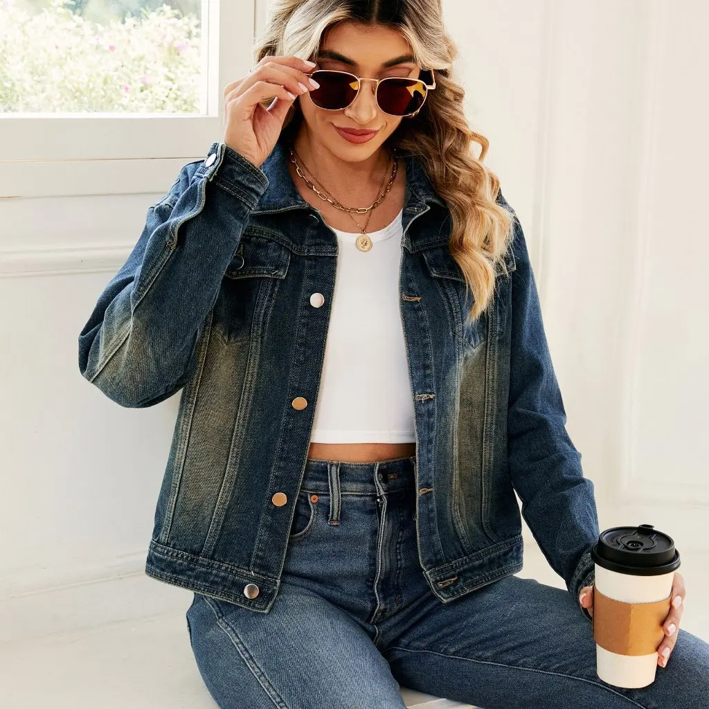 Jaket Denim Wanita Kasual Lengan Panjang Gaya Eropa dan Amerika Musim Gugur Musim Dingin Model Independen Efek Cuci