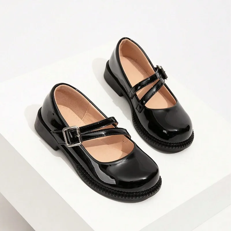 Girls Leather Shoes Fashion Retro Sweet Versatile Solid Color Double Strip Buckle Mary Jane Performance Princess Kids Loafers