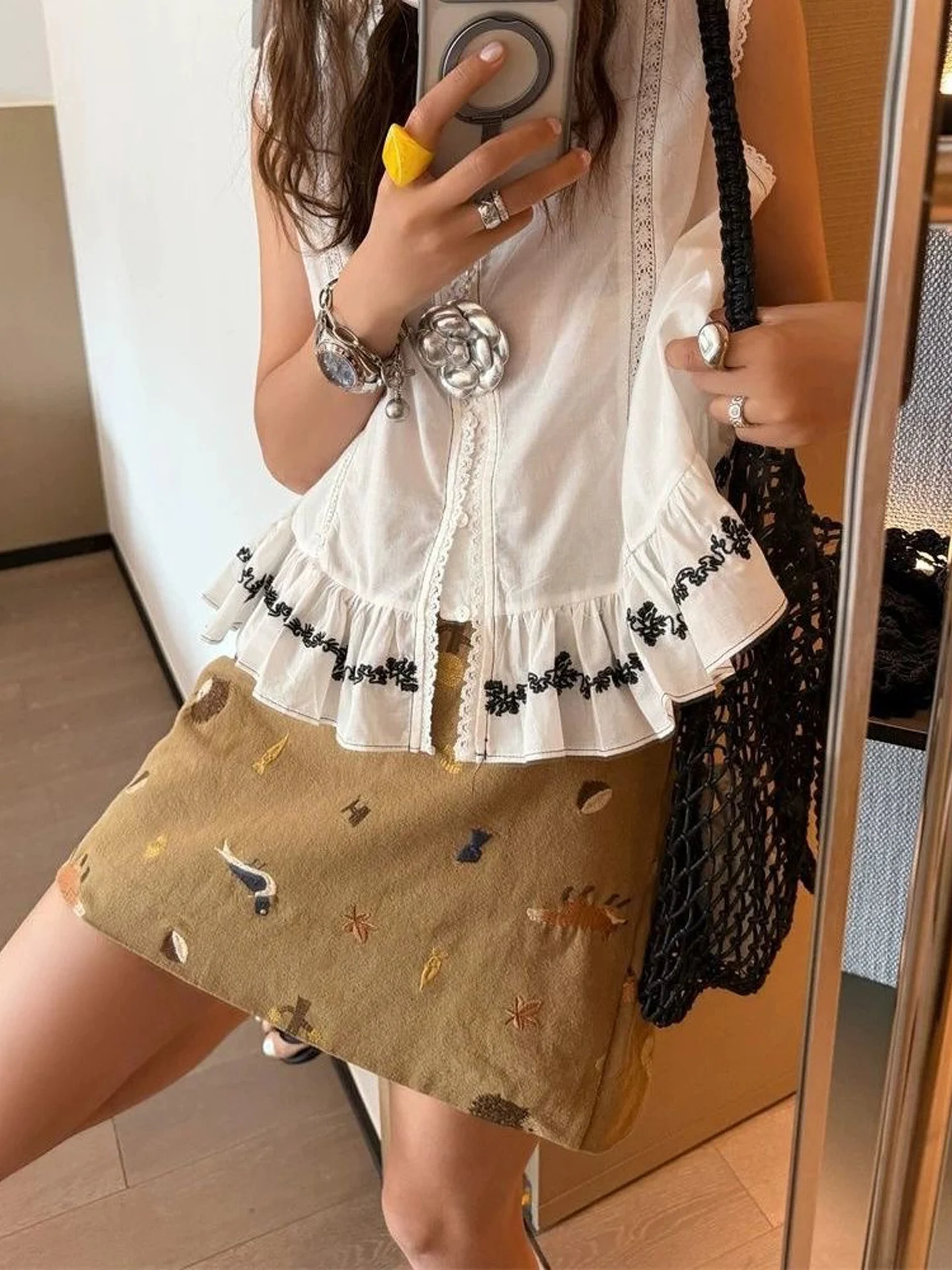 Adorable Animal Embroidered Heavyweight Casual Short Skirt Women's High Waist A-Line  Skirt Korean Style Non-Stretch Fabric
