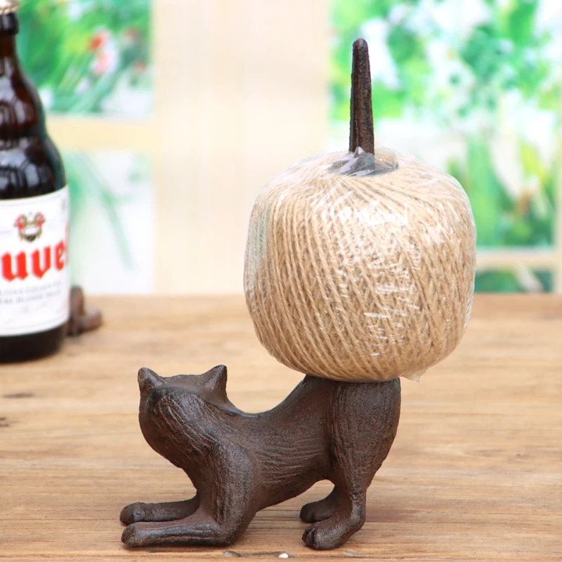 Rustic Cast Iron Cat Twine Holder Metal Natural Jute String Kitchen Paper Towels Holder Stand