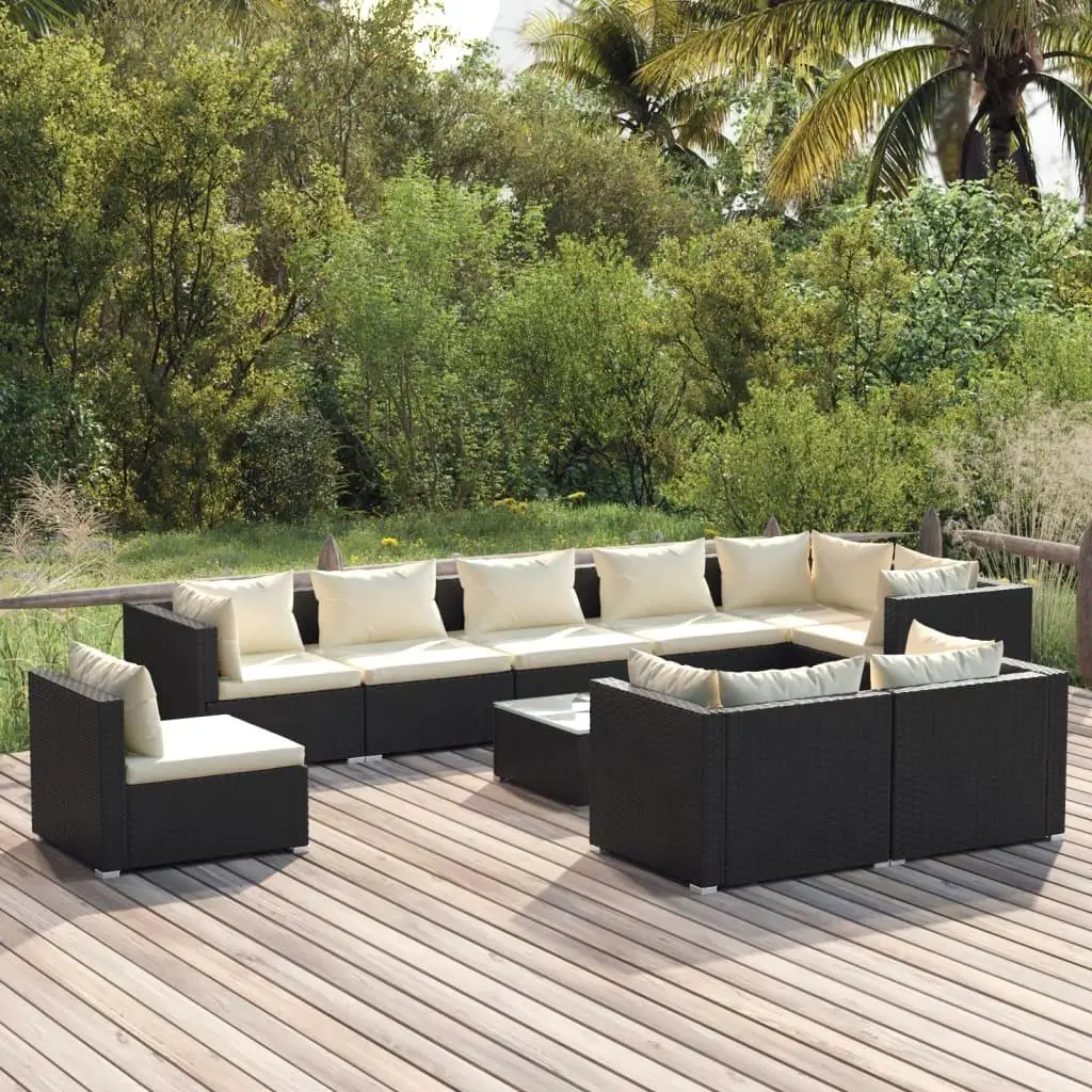 

10-Piece Black Poly Rattan Patio Lounge Set with Cushions - Outdoor Furniture Collection