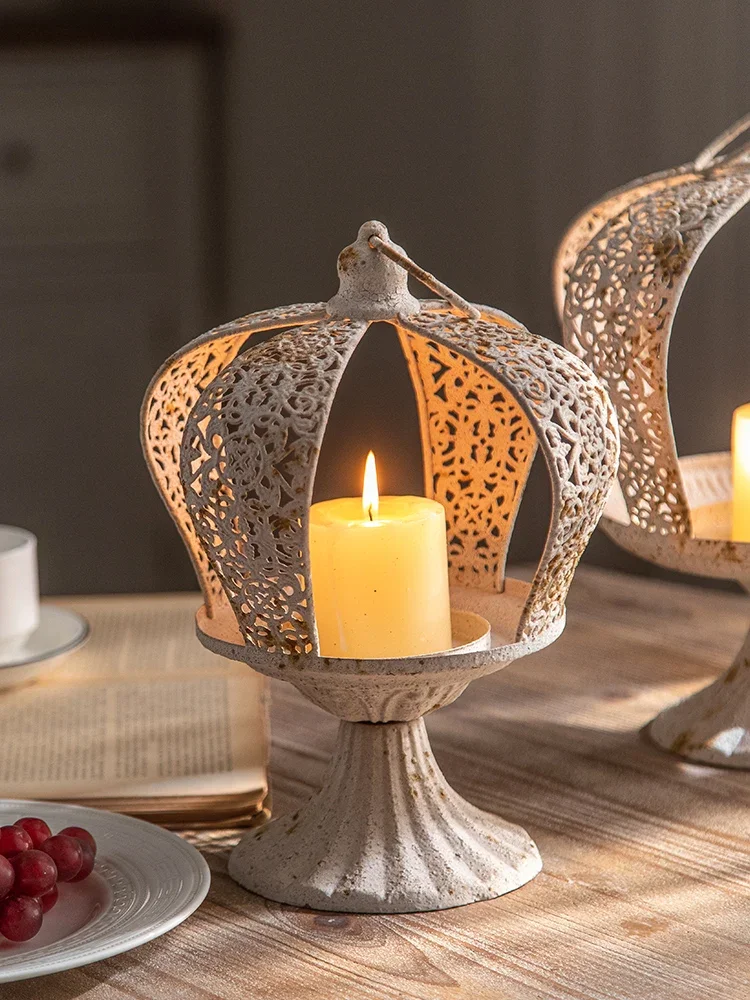 White Crown Candle Holder with Cutout Design, Rustic Iron Lantern for Table or Hanging Decoration