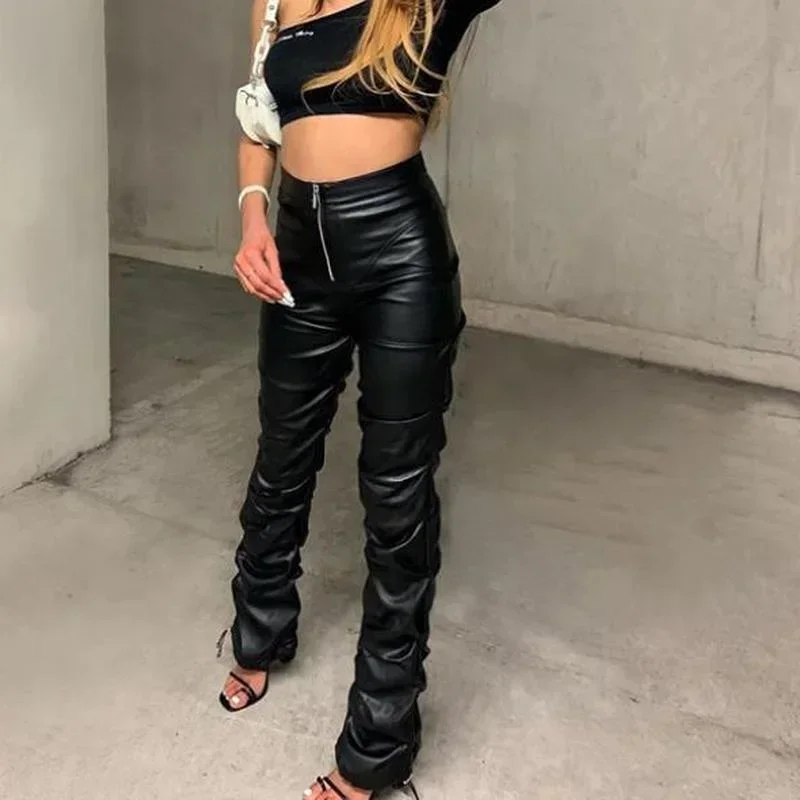 

Dark Academia Faux PU Leather Solid High Waist Stacked Pants 2024 Women Clothing Fashion Hipster Street Style Long Trousers y2k