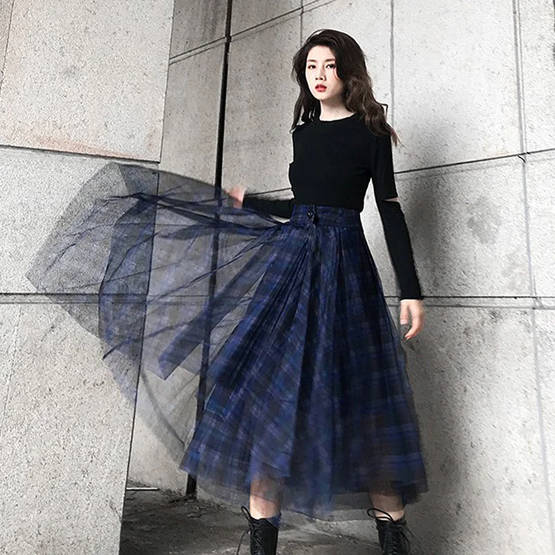 TWOTWINSTYLE Plaid Patchwork Mesh Women's Skirts High Waist Hit Color Elegant A Line Skirts Female 2020 Spring Fashion New