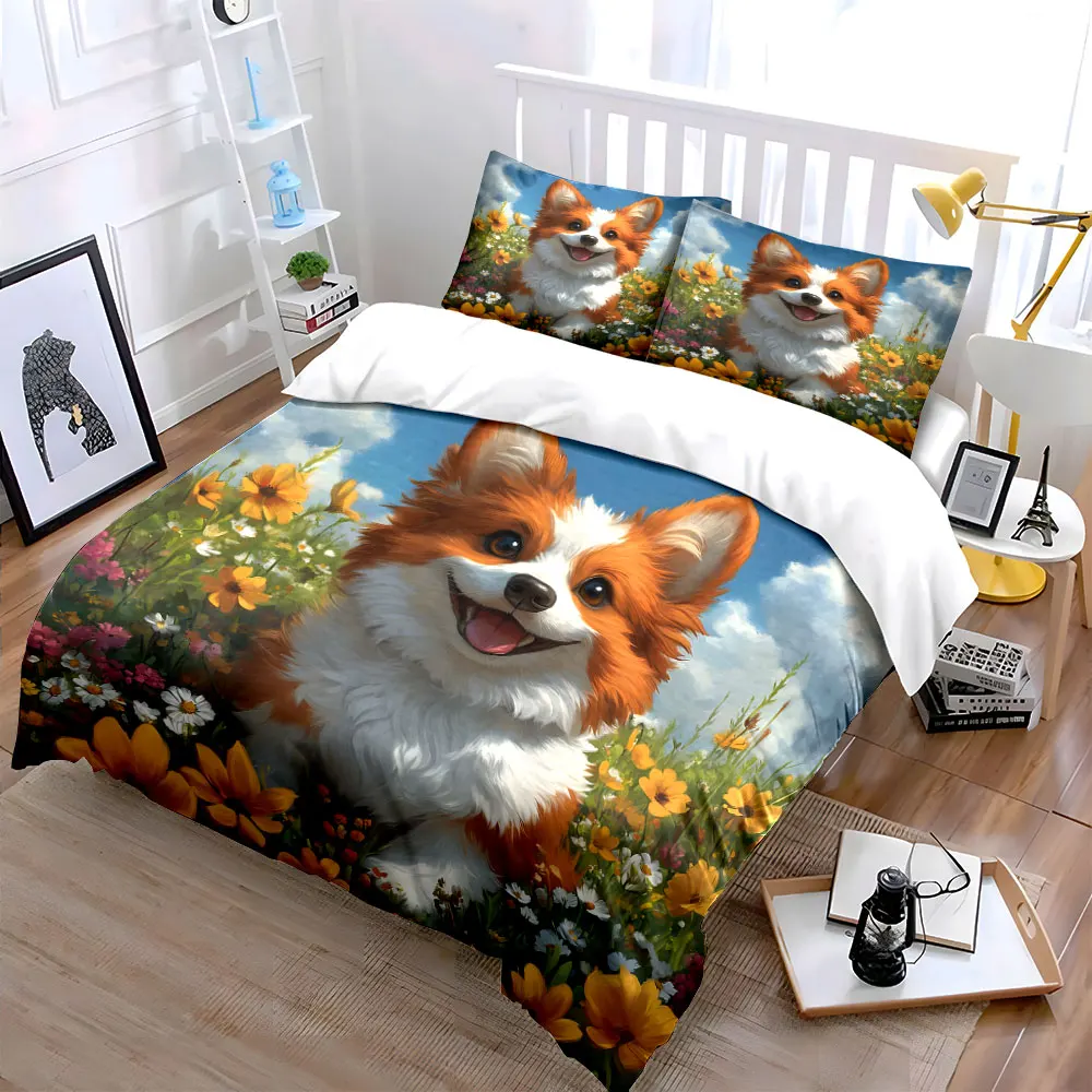 Cute corgi in vibrant flower field Duvet Cover Set with 3D Printing Design Soft Polyester Bedding Set All-Season Comfort