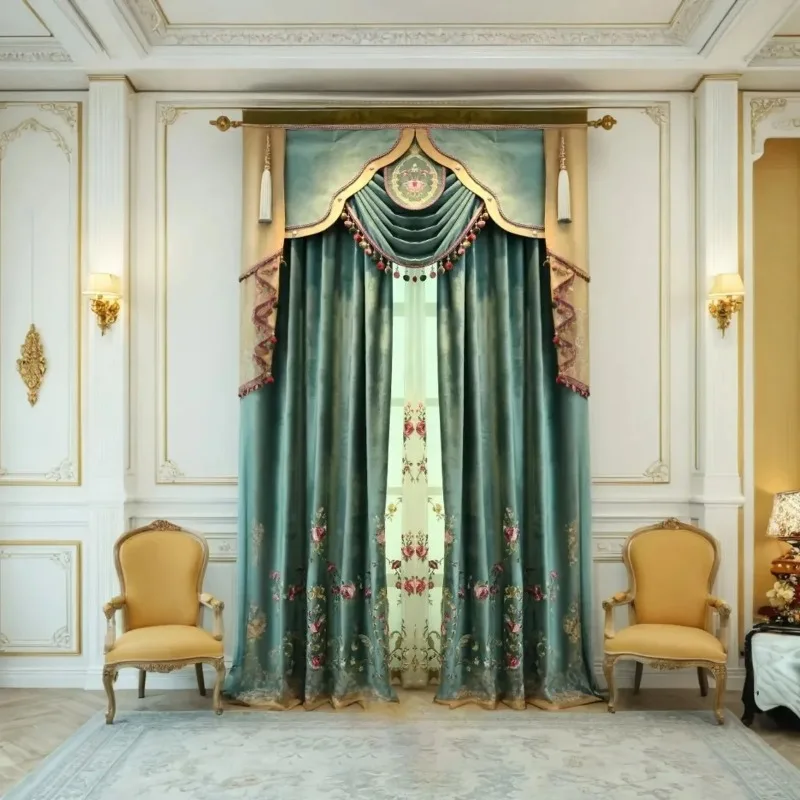 New Floral European Blackout Customized Velvet Embroidered Curtains for Living Dining Room Bedroom Balcony Curtains Finished