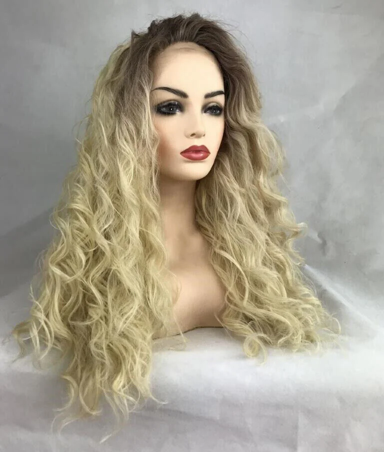 Long Curly Human Hair Blend Lace Front Wig Dark Roots Blonde Heat Ok Synthetic Wigs