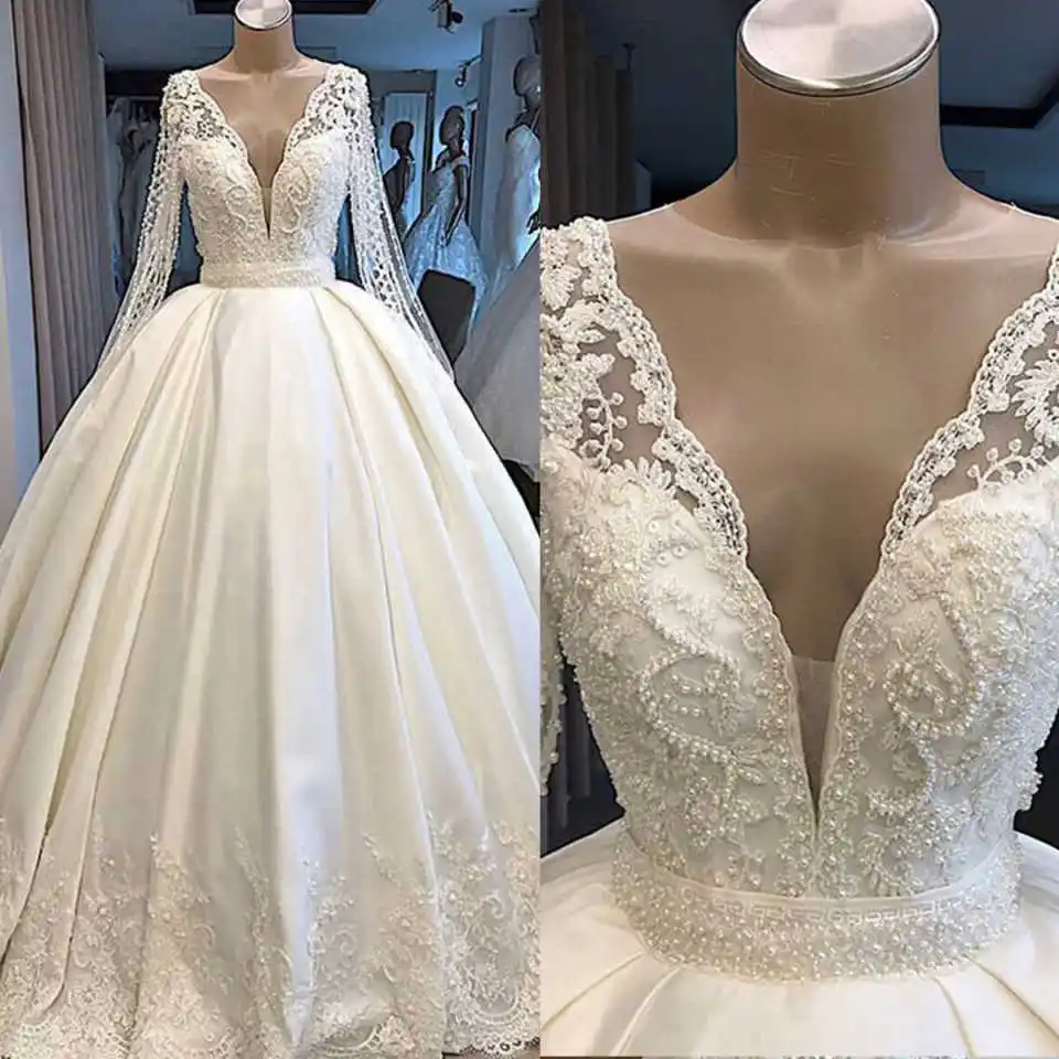 Luxur Wedding Dresses O-Neck Long Sleeve Lace Applique Beaded Ball Gown Women Bridal Gowns Customised Vestido De Novia