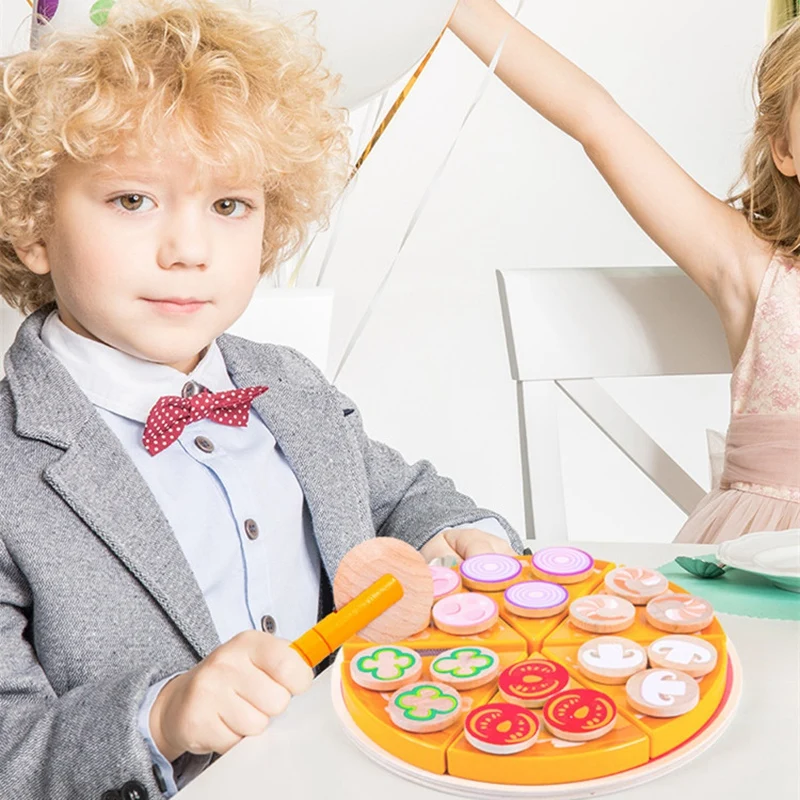 

Modern Wooden Toys Food Cooking Simulation Pizza Cutting Play with Tableware