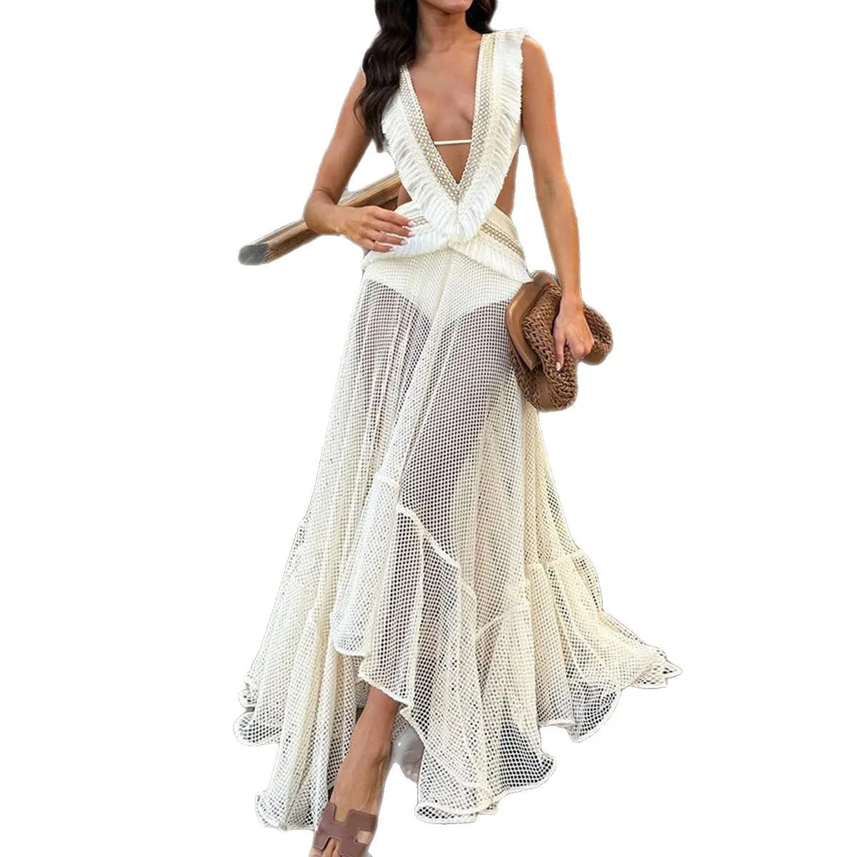 Verão feminino wear nova moda oco renda borla emenda malha sem mangas vestido estilo elegante