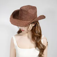 USPOP sombrero de vaquero de paja de rafia Natural de ganchillo a mano para mujeres y hombres, sombrero de sol de ala ancha de verano, gorras de playa transpirables para exteriores