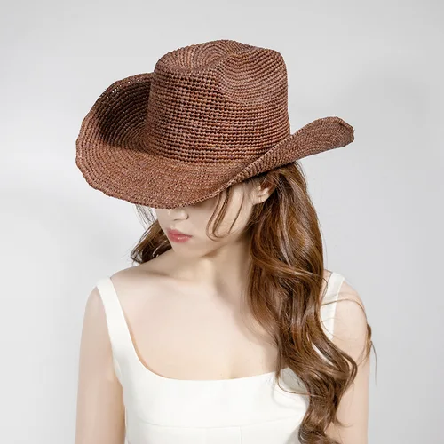 USPOP sombrero de vaquero de paja de rafia Natural de ganchillo a mano para mujeres y hombres, sombrero de sol de ala ancha de verano, gorras de playa transpirables para exteriores