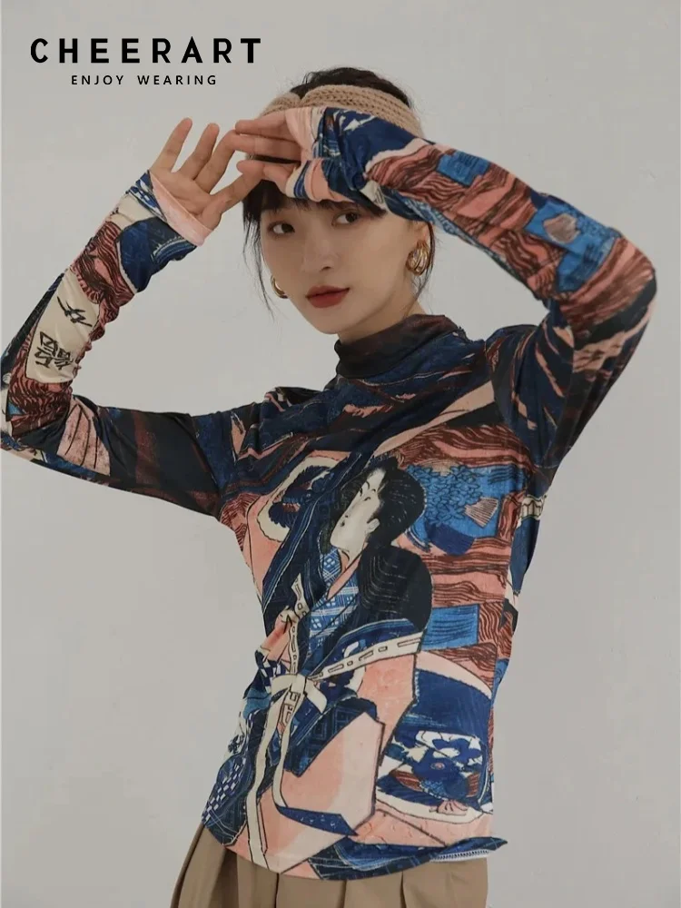 

CHEERART Ukiyoe Graphic Tee Long Sleeve Tops Designer T Shirts Woman High Neck Tshirt Female Autumn Japanese Clothes