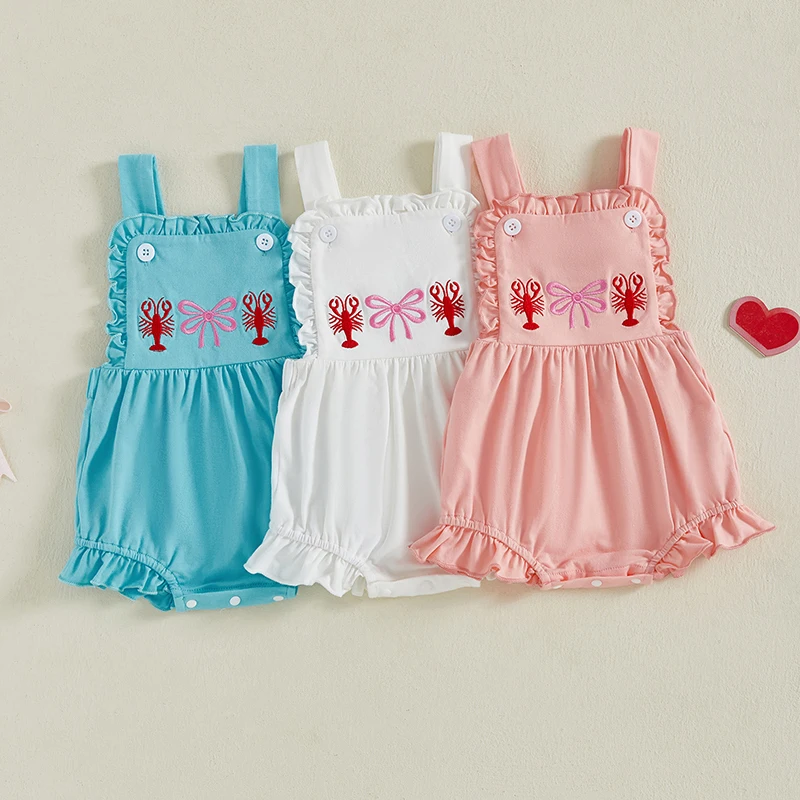 

Baby Girls Romper Clothes Summer Infant Newborn Girls Sleeveless Lobster Bow Embroidery Jumpsuits Playsuit Outfits Clothing