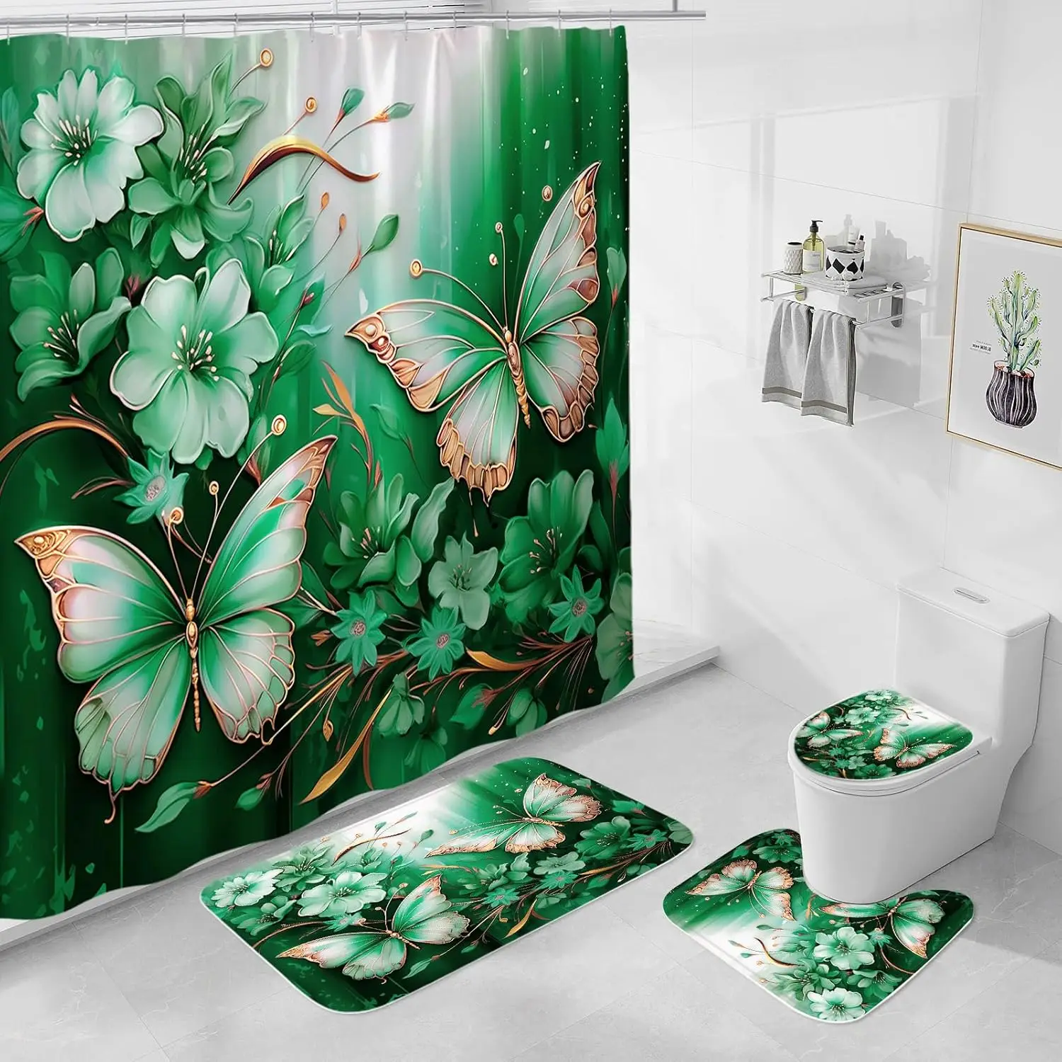 

4 Pcs Green Floral Butterfly Shower Curtain Set with Non-Slip Rugs, Emerald Flower Toilet Lid Cover and Bath Mat, Bathroom Decor