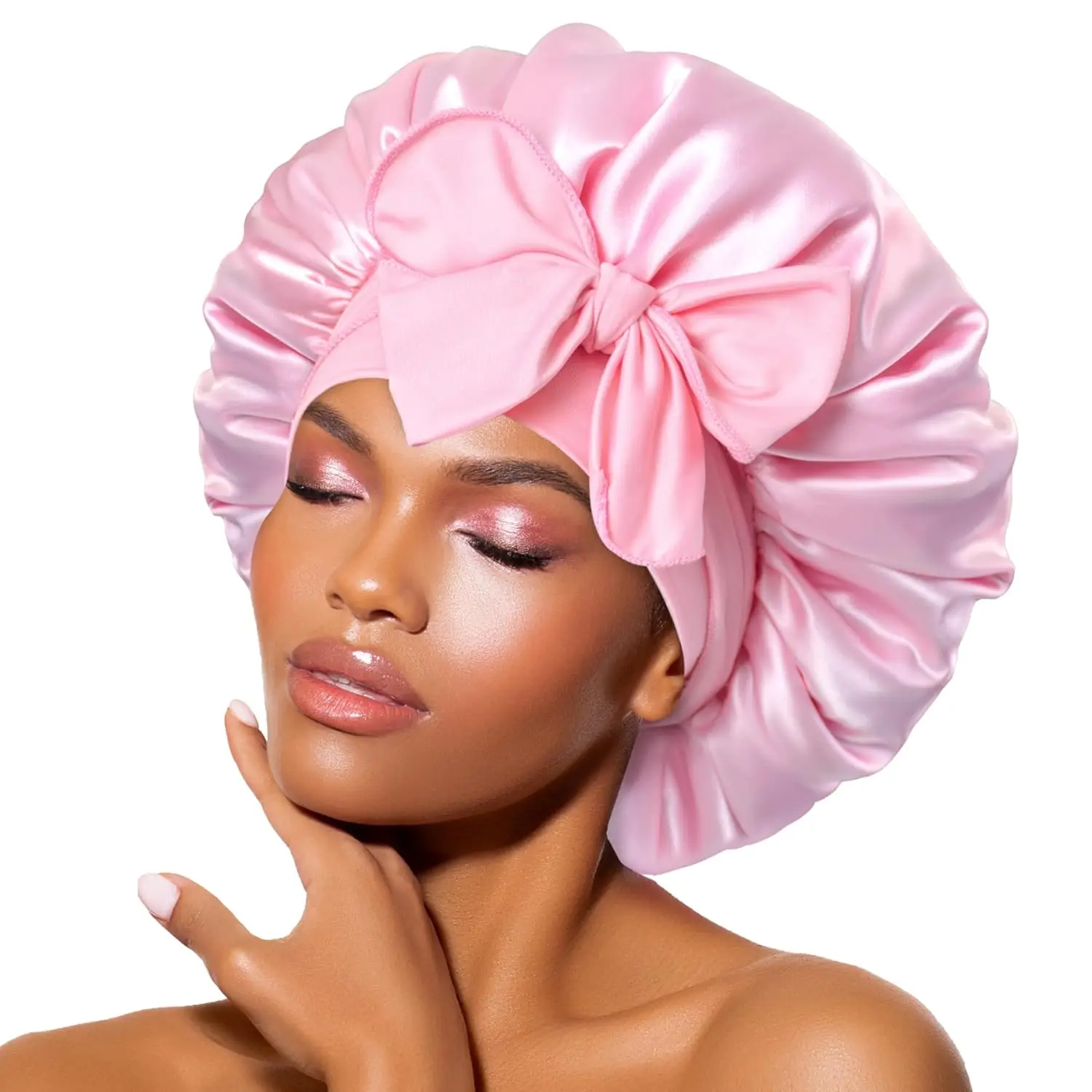 Satin Bonnet With Bow, Overnight Hair Care Cap For Curly/Straight Hair, Anti-Frizz & Anti-Tangle Sleep Cap