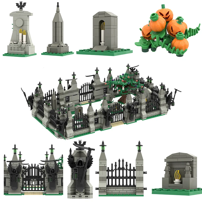 MOC Halloween Cemetery Building Blocks Haunted House Manor Death Statue Fence Tree Skeleton  Figures Bricks Toys  Gift