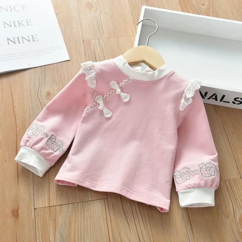 Korean Children's Clothing, Girls' Ruffled Shirt, Long Sleeved Spring Outfit, New Stylish and Versatile Pure Cotton Lace Top
