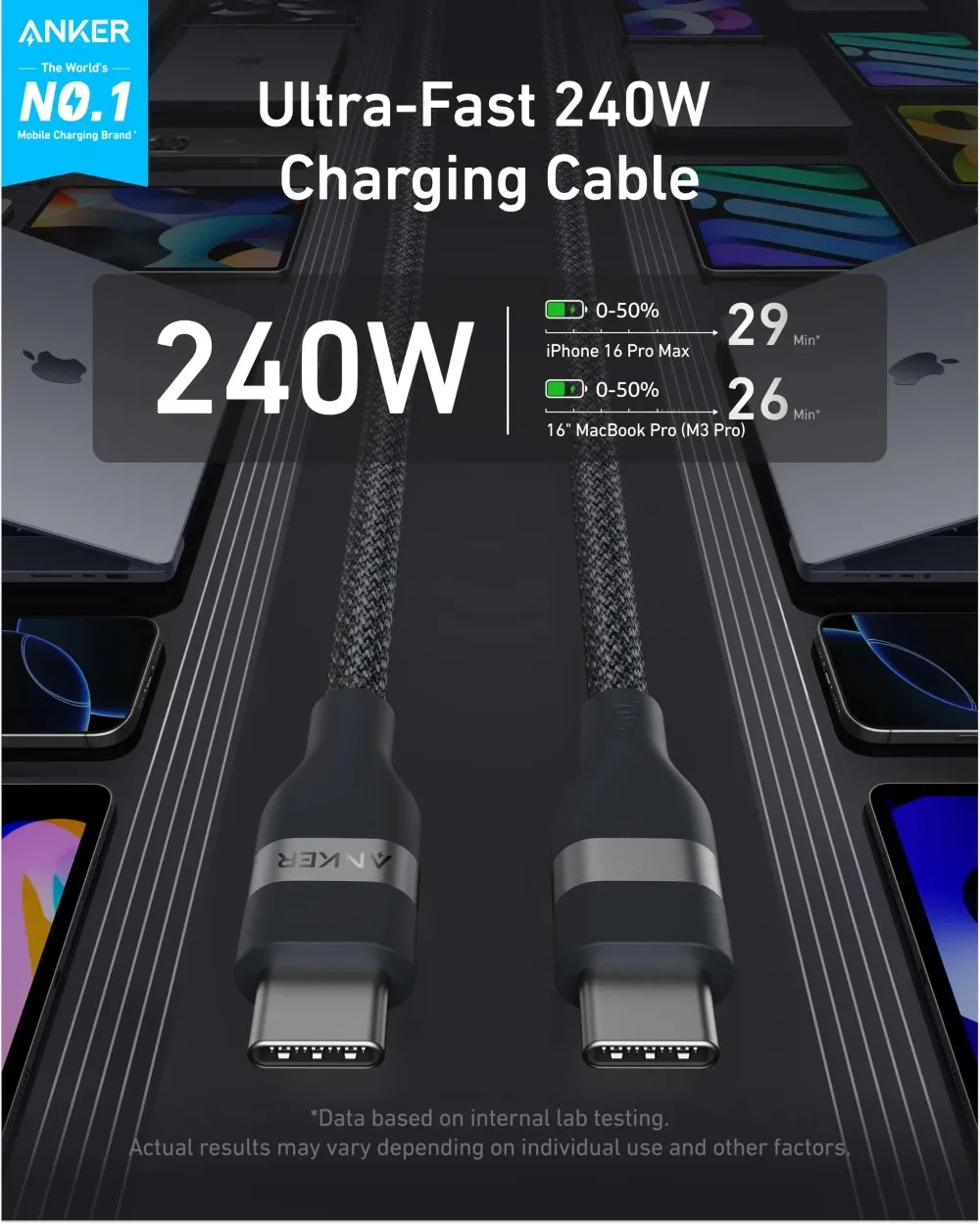 Anker A82E2 USB-C to USB-C Cable (3 ft / 6 ft, 240W, Upcycled-Braided)Fast Charging Type C Charger for iPhone 17/17Pro/17 Air