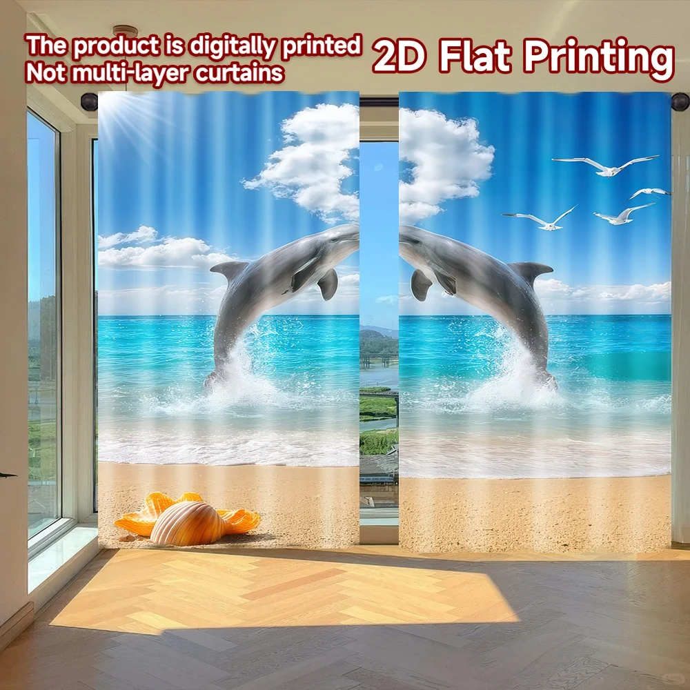 

2D flat printing 2pcs Curtain Valentine's Dolphins Heart Scene Digital Printed Polyester Drapes Festive Curtains Use for Bedroom