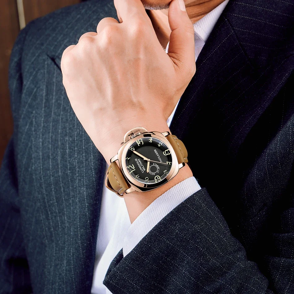 ساعة أوتوماتيكية للرجال حركة ميكانيكية جلد بني أصفر أخضر مضيء فاخر ذهبي وردي عسكري