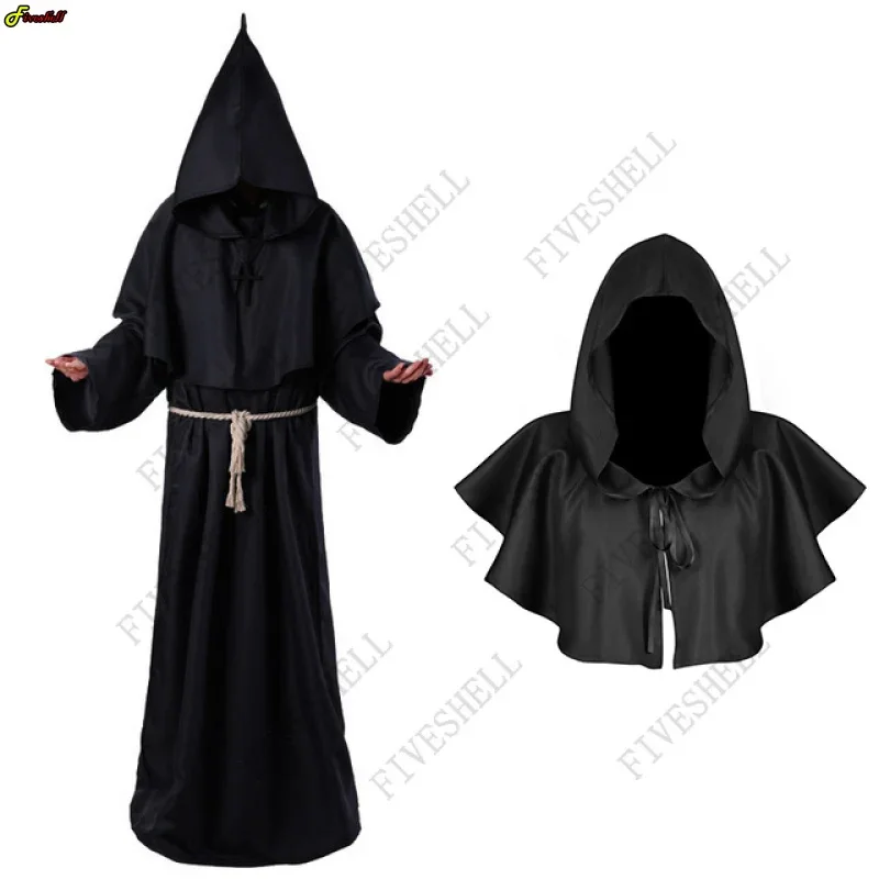 Priest Costume Men  Medieval Cowl Mantle Monk Cross Hooded Cloak Friar Robe Halloween Wizard Cosplay AS9580