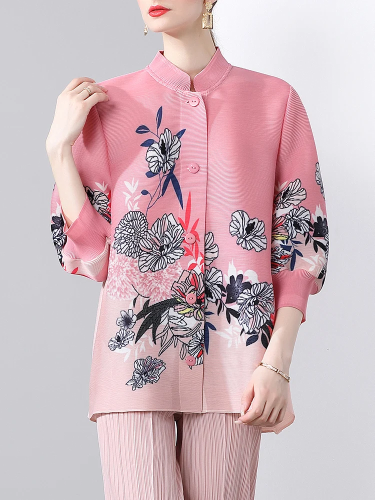 GVUW Pleated Print Shirt Women Stand Collar Single Breasted Loose New 2024 Elegant Versatile Female Loose Clothing 17G7000