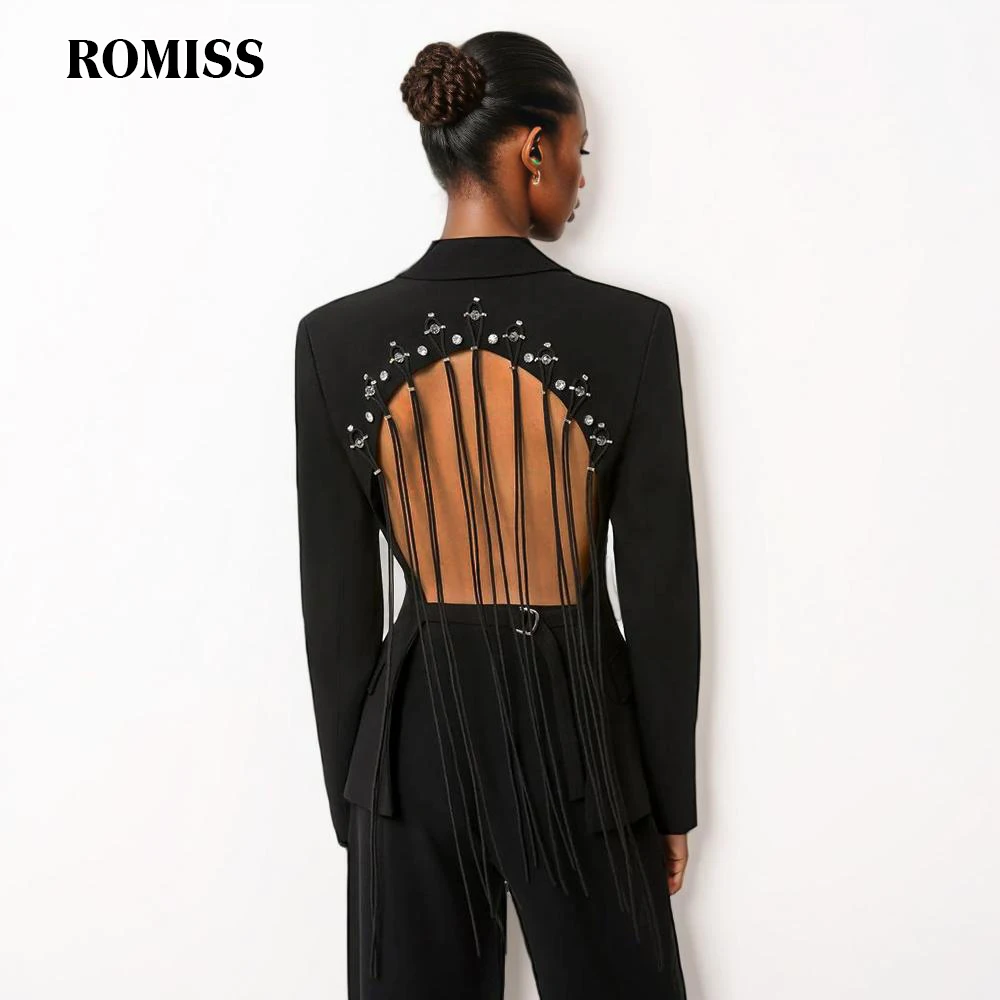 ROMISS Patchwork Drawstring Women's Jacket Notched Collar Long Sleeve Backless Hollow Out Blazer Outerwears Female Spring New