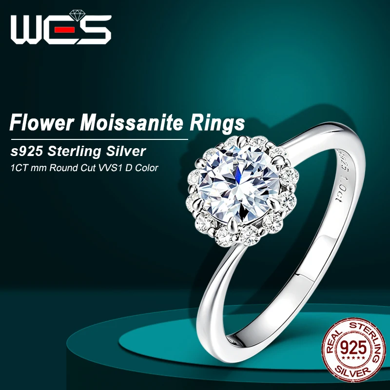 WES Moissanite Ring 1CT Flower Halo D Color VVS1 925 Sterling Silver Round Cut Engagement Band For Women Fine Jewelry