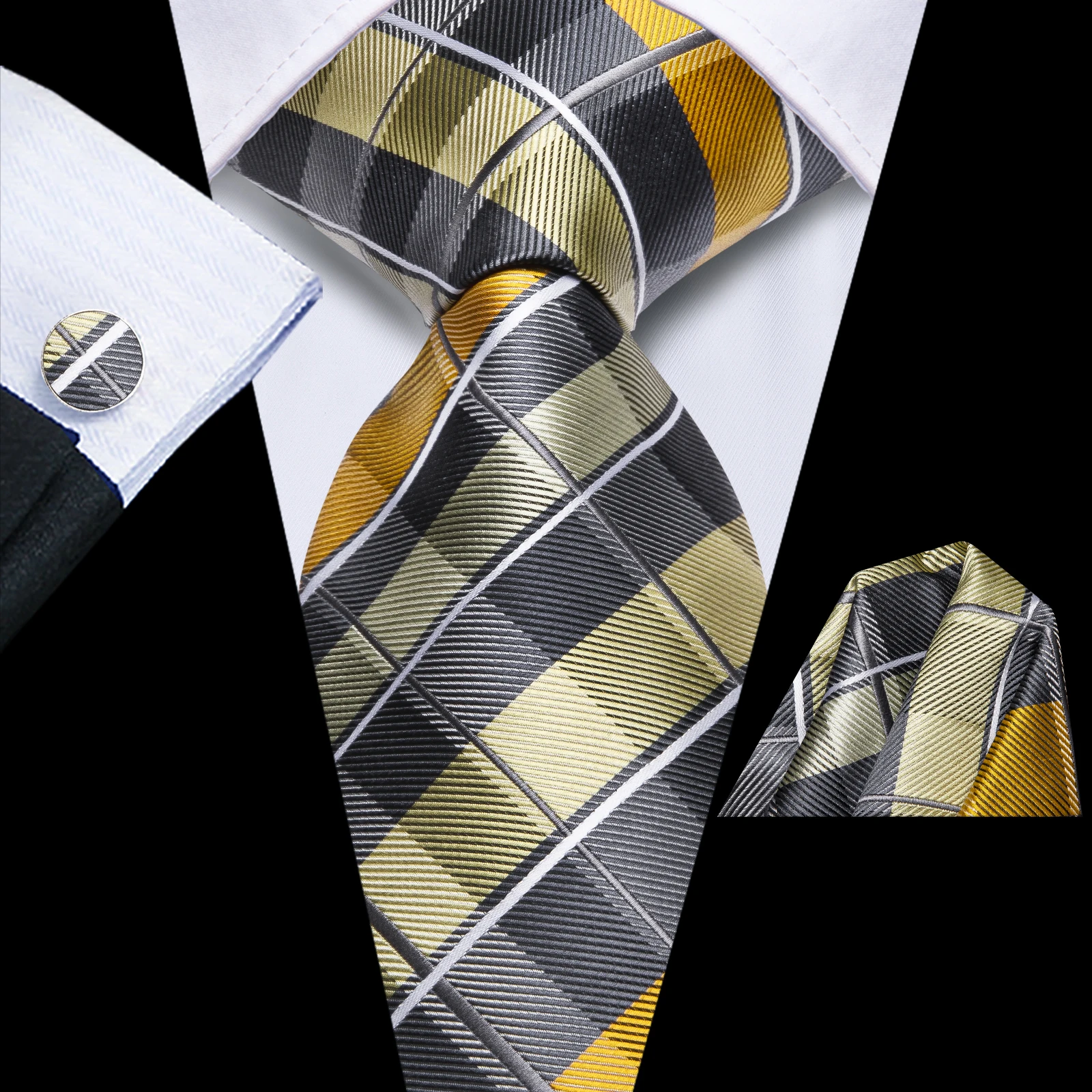 Hi-Tie Men Fashion Necktie Yellow Orange Brown Handkerchief Cufflinks for Tuxedo Accessory Classic Silk Luxury Gift Tie