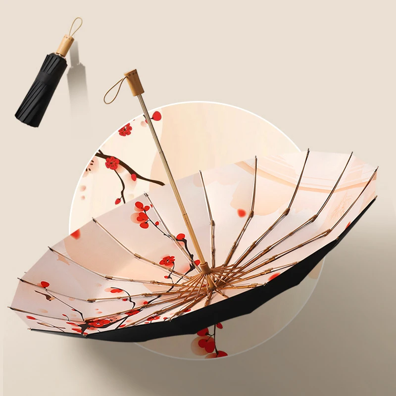 16 Bone Hand Opening Three Fold Clear Antique Style Umbrella Solid Wood Handle Sunshade Umbrella Black Rubber Sunshade Umbrella