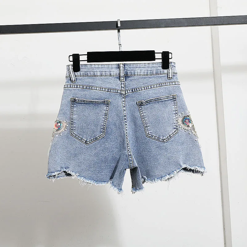 High Waist Stretchy Burr Denim Hot Pants Female 2025 Summer New Heavy Industry Beads Embroidered Blue Shorts Women Clothing