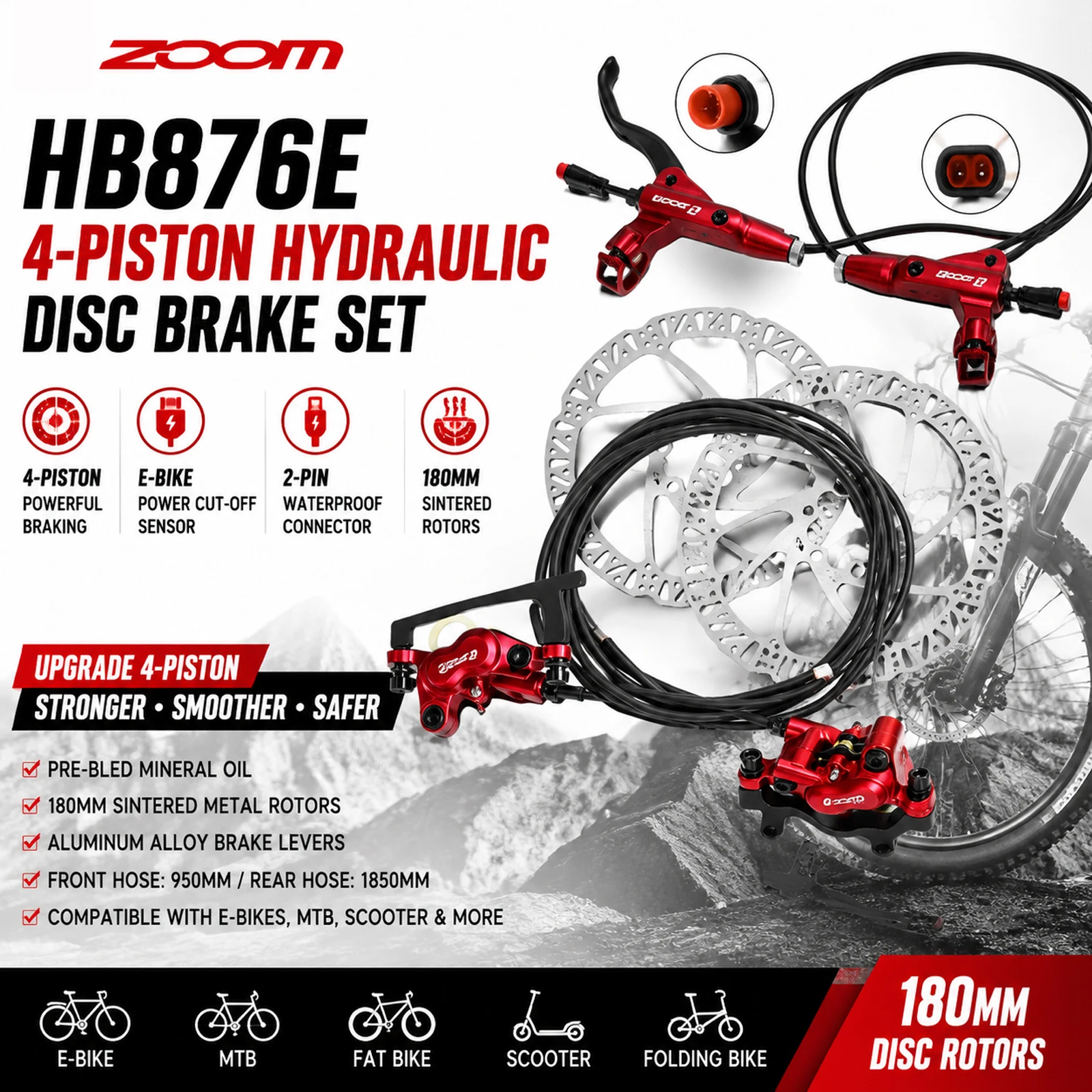 Zoom Hydraulic Brake 4 Piston E-Scooter - ZOOM HB876E hydraulische schijfremset, 4-zuiger e-bike