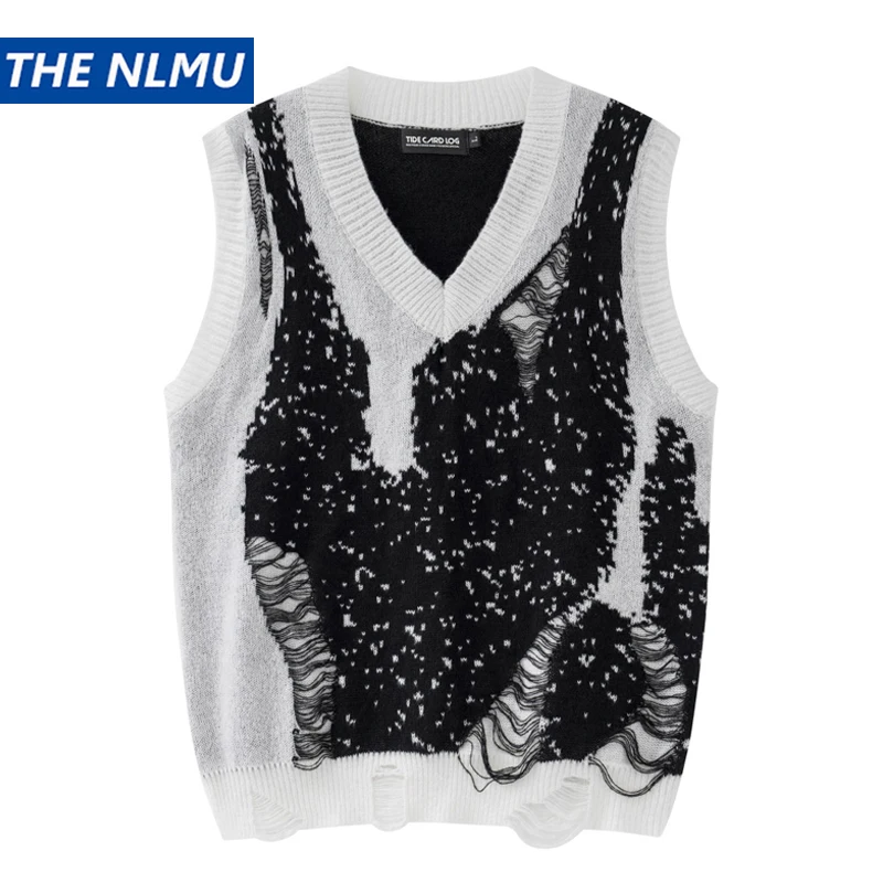 2024 Hip Hop Sweater Vest for Men Streetwear Oversized Men Hole Knitted Tank Tops Casual Loose Sleeveless Tops