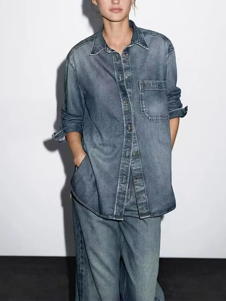 

Новая женская модная и универсальная элегантная повседневная джинсовая рубашка с длинными рукавами и воротником в европейском стиле