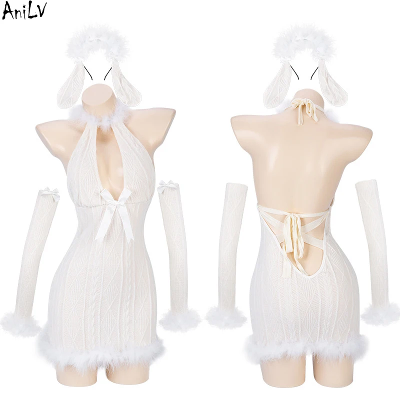 AniLV Christmas Snow Angel Girl Furry Knitted Dress Unifrom Women Bunny Backless camicia da notte pigiama abiti costumi Cosplay