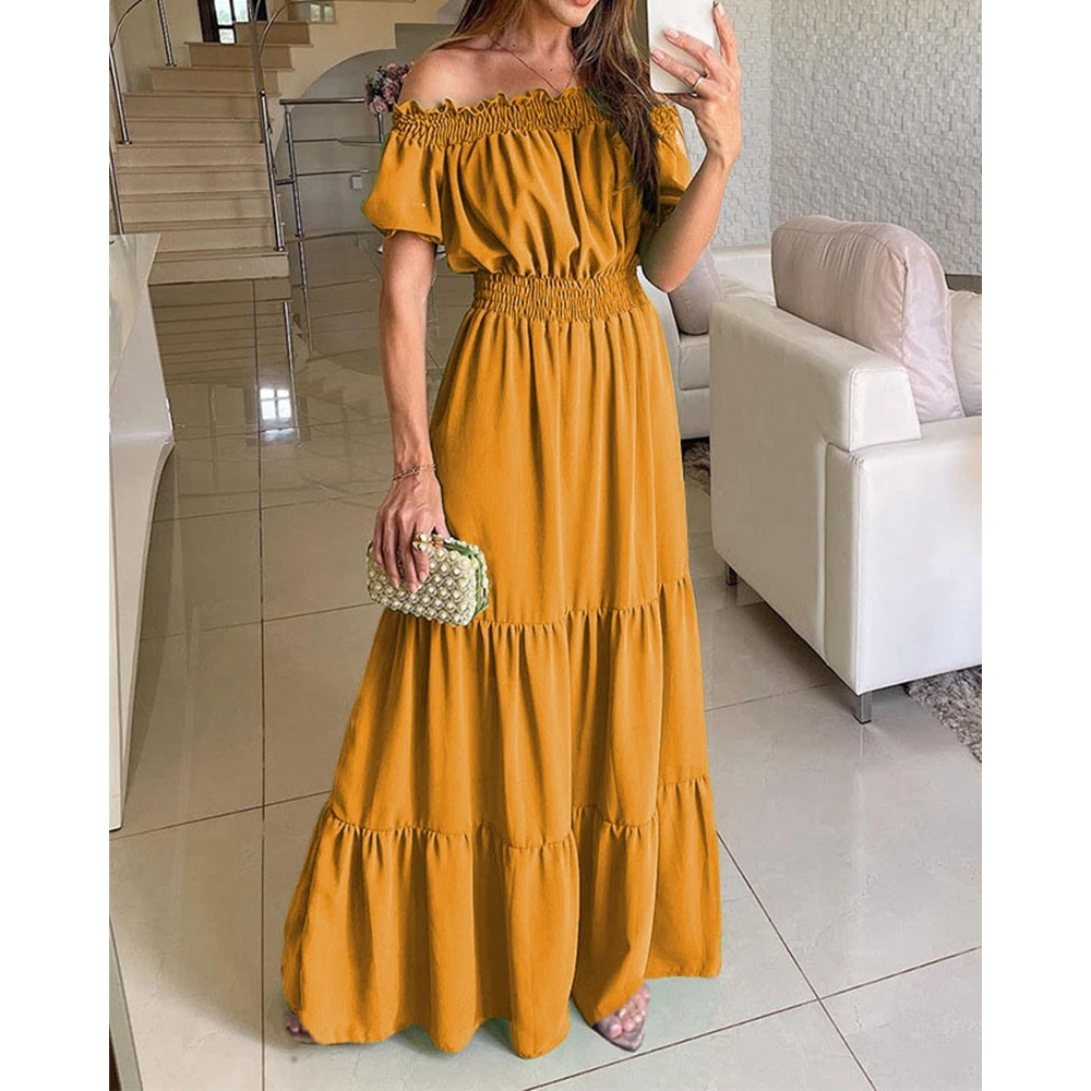 

Women Shirring Maxi Party Dress Femme Summer Off The Shoulder Ruffles Short Sleeve Yellow Casual Solid Outfits Evening Elegant