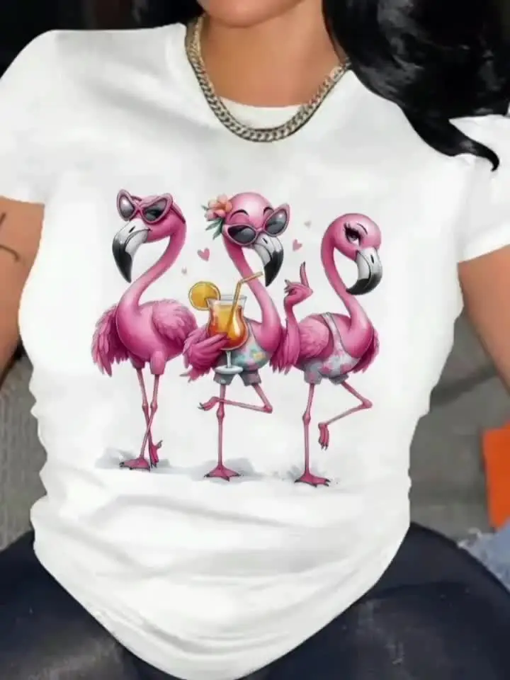 Ladies' Flamingo Printed Round Neck T-shirt with Fashionable Glasses and Flamingo Casual Short Sleeved Soft Breathable Fabric