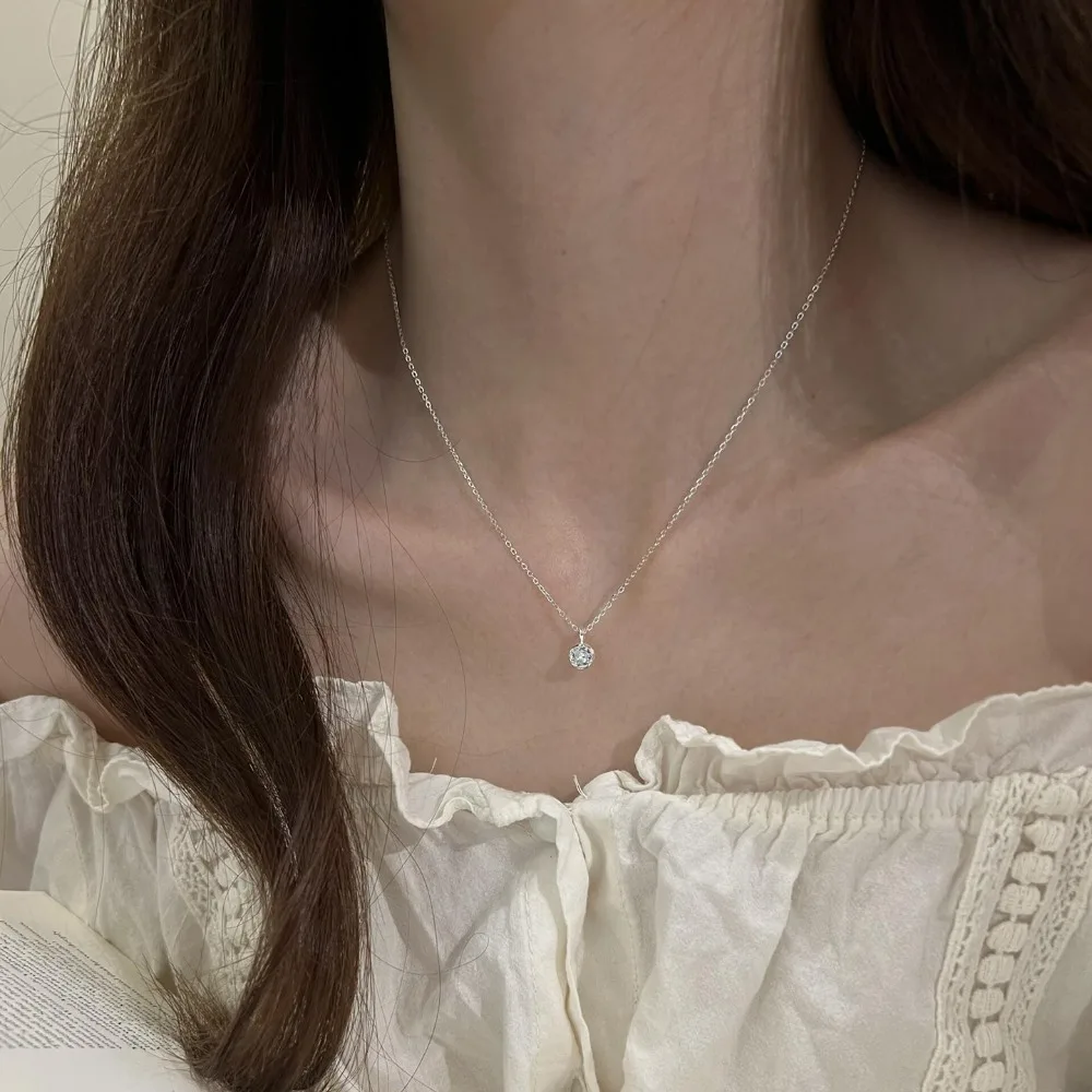 Minimalist 925 Sterling Silver Small Round Zircon Pendant Necklace Irregular Frame Thin Chain for Women Stackable Neck Jewelry
