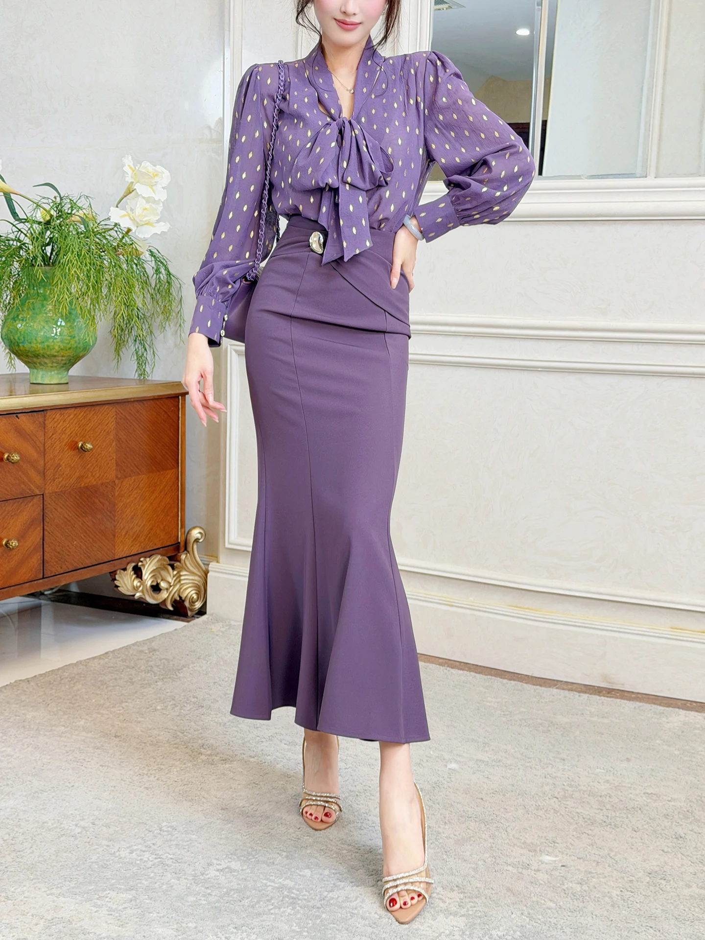 

Elegant High Waist Pleated Fish Tail Half Skirt Commute OL One Step Skirt Korean Style Spring Fashion Women's Polyester Fiber