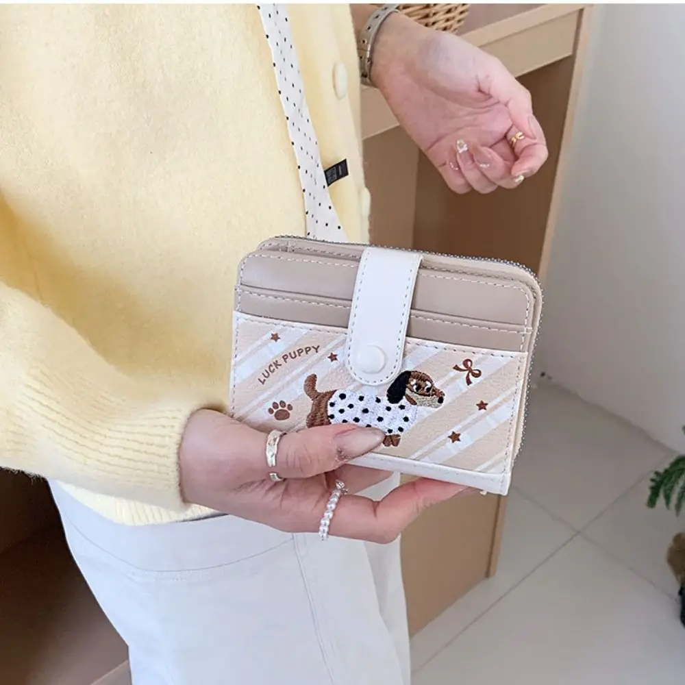 Versatile Portable Embroidery Dachshund Dog Wallet PU Leather Multiple Card Leather Card Holder Fashion Cute Short Purse Work