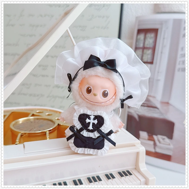 

For 10.5cm Heart Password Mini Labubu 4.0 Doll Black and White Maid Clothes Outfit Labubu Doll Accessories Gift