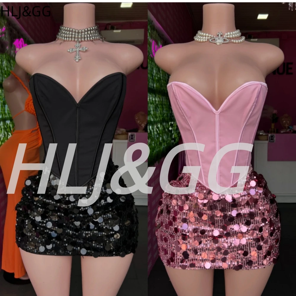 HLJ&GG Sexy Off Shoulder Corset Vest Two Piece Sets Women Sleeveless Backless Bandage Irregular Top + Sequin Mini Skirts Outfits
