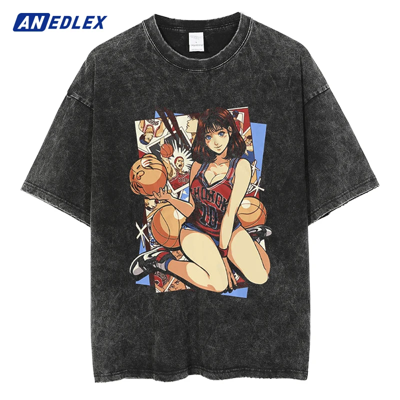 

Hip Hop Washed BlackTshirt Streetwear Japanese Anime Girl Print T-Shirt Men Harajuku Cotton Casual T Shirt Short Sleeve Tops