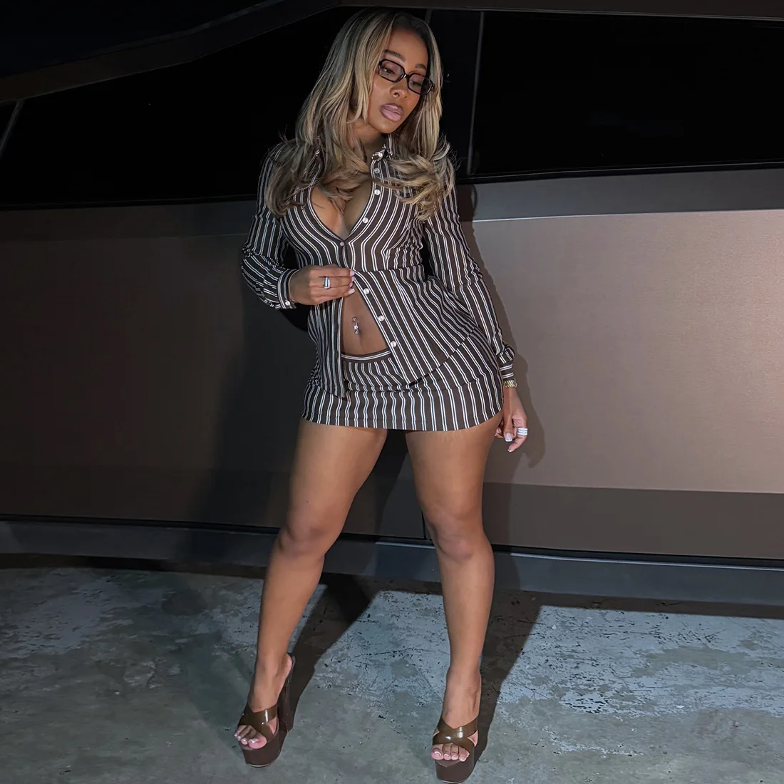 

Striped 2 Piece Set Full Sleeve Single Breasted Shirts Top + Bodycon Mini Skirts Women Casual Streetwear Suits Party Clubwear